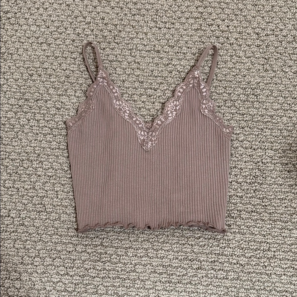 Lace Trim Ribbed Tan Cami Top